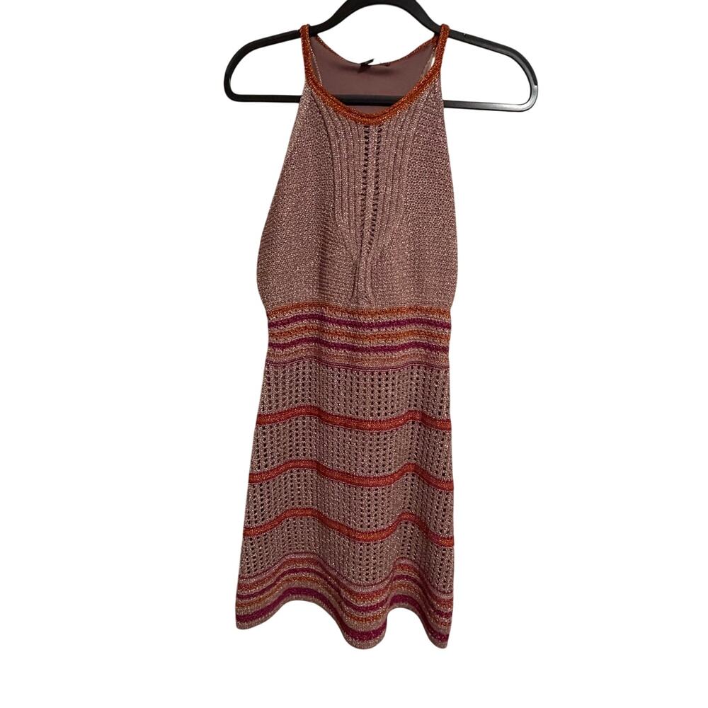 Boston Proper Metallic Knit Halter Dress Rose Gold Copper Striped Size S